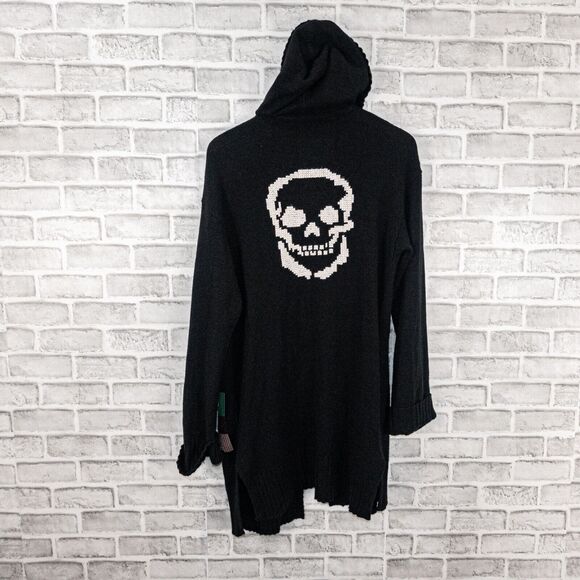 Skull Cashmere open front Hooded Cardigan in Black Embroidered Women's Medium - Picture 6 of 10